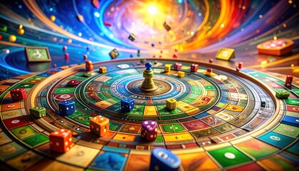 Whimsical Board Game with Dice and Pawn Against a Cosmic Background
