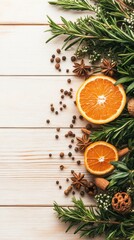 Citrus slice with green plant sprigs and brown spices adorn wooden boards for a natural seasonal display with empty space