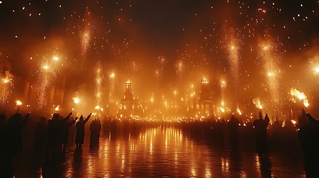 A vast procession at night, bathed in fiery displays