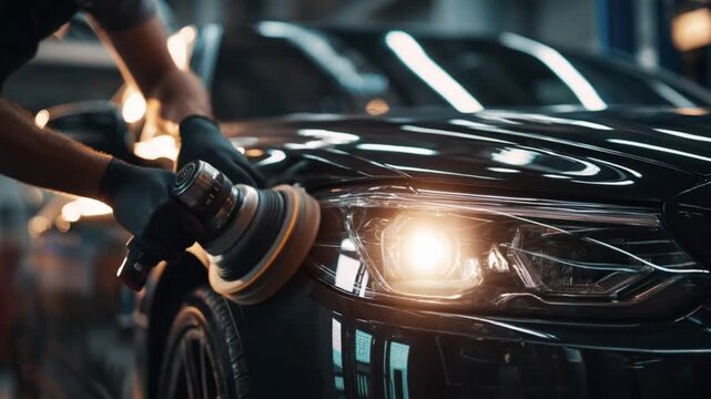 A worker polishes a black car's headlight with a machine. The lights are bright