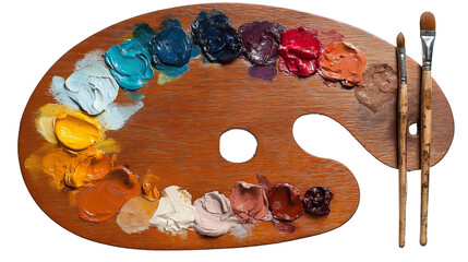 top view of Wooden artists palette with samples of paints png paint palette png artist palette png wooden palette png with brush