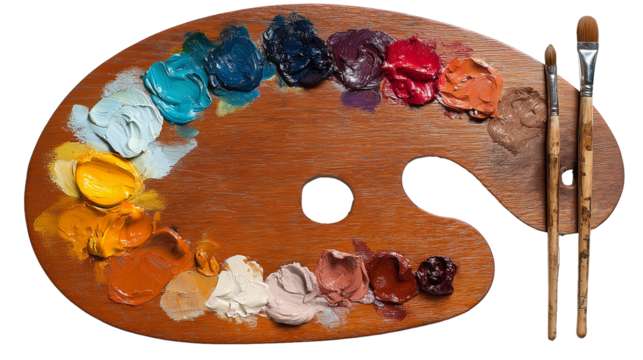 top view of Wooden artists palette with samples of paints png paint palette png artist palette png wooden palette png with brush