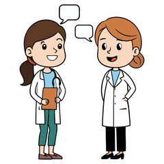 Cartoon vector illustration of a doctor and nurse with a stethoscope, smiling with children at a hospital
