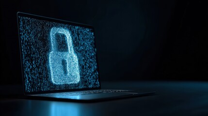 3D rendering of a digital padlock icon on a laptop screen, symbolizing data protection against a blue background in a dark room, highlighting big tech security technology.