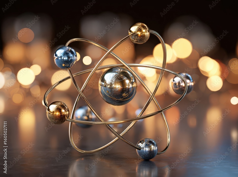 Fototapete 3d rendering of an atom with a large metal sphere and smaller spheres on its surface, illuminated by