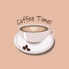 Cute Coffee Cup with Heart Latte Art and Beans on Plate – Vector Illustration