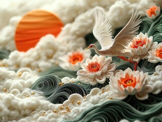 Paper crane, lotus, sunset, clouds, waves