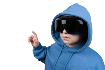 A young child in a blue hoodie and VR headset pointing a finger to the side as if interacting with a virtual object on transparent background