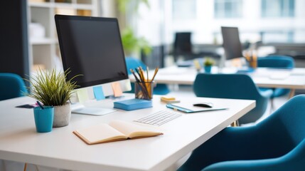 Modern office workspace with computer and accessories.