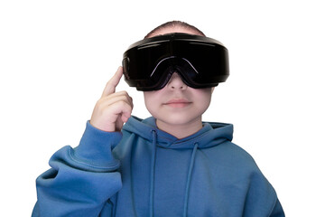 A young child wearing a black VR headset and a blue hooded sweatshirt, with their finger pointing upwards, isolated on a transparent background