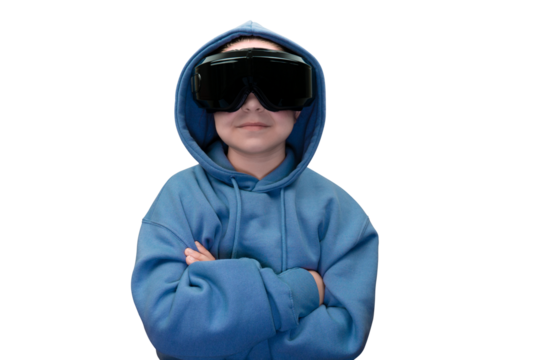 A young child wearing a black VR headset and a blue hooded sweatshirt with the hood up, standing with arms crossed, isolated on a transparent background