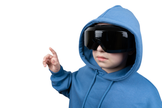 A young child in a blue hoodie and VR headset pointing a finger to the side as if interacting with a virtual object on transparent background