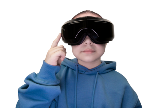 A young child wearing a black VR headset and a blue hooded sweatshirt, with their finger pointing upwards, isolated on a transparent background