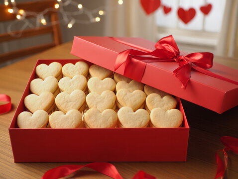 Red box of heartshaped cookies tied with a red ribbon for valentines day