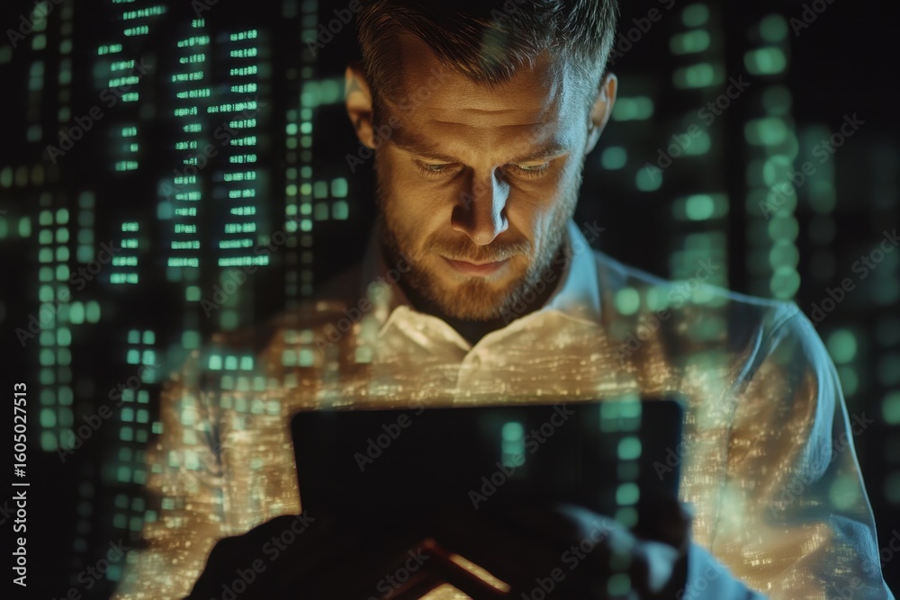 Poster caucasian businessman engaged in digital data processing on a tablet with abstract projections, digi