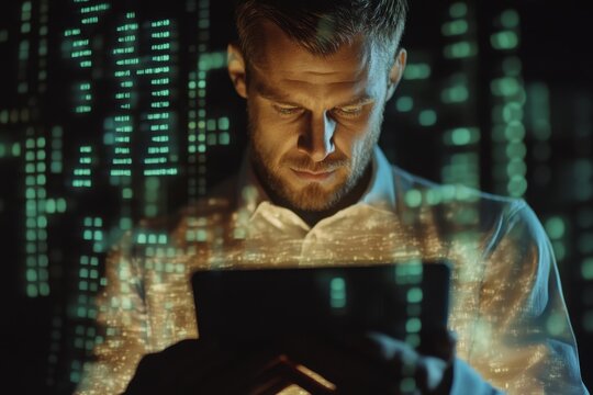 Caucasian businessman engaged in digital data processing on a tablet with abstract projections, digital data processing over caucasian businessman using tablet
