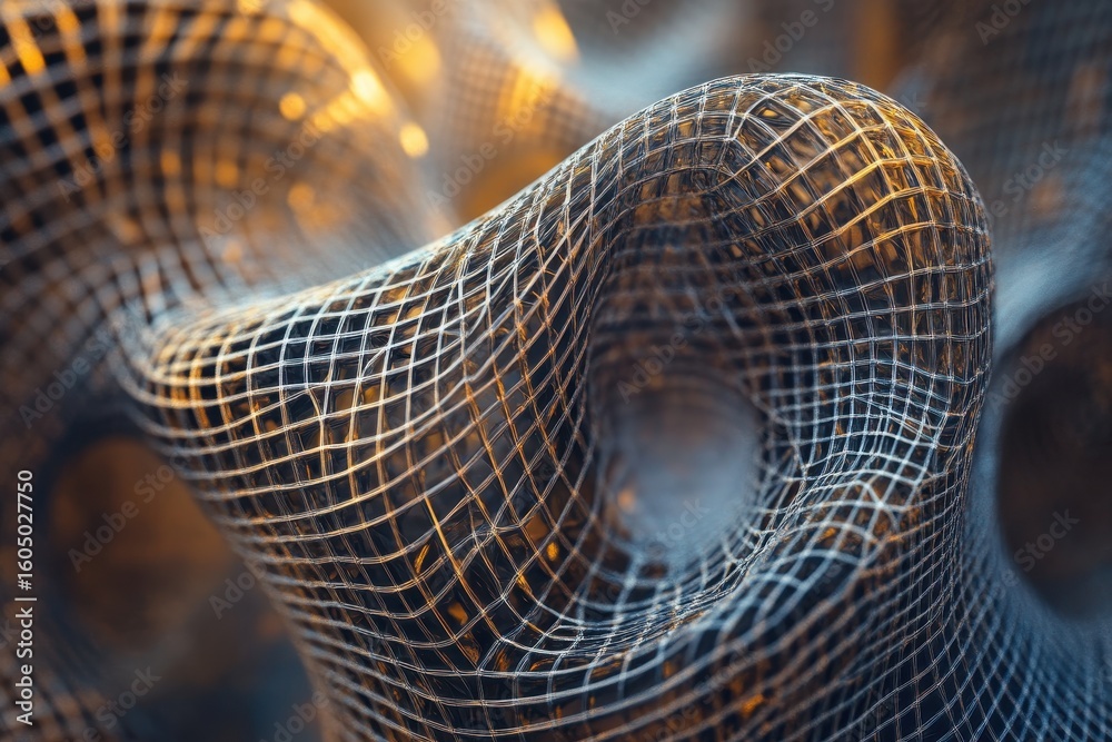 Poster complex wireframe surface showcasing intricate three-dimensional design with rich textures, moving d