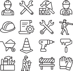 Fototapeta premium Labour line editable icon set. Contains icons related to labour, construction, labour day, renovation, and more. Vector illustration