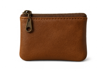 Closed brown leather coin purse with brass zipper pull isolated on transparent background, perfect for storing small items