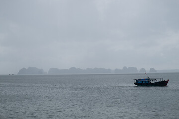 Obraz premium Boats floating on Ha Long Bay in Vietnam with dramatic limestone cliffs and overcast skies.