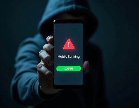 Anonymous hacker in a hoodie shows a smartphone with a warning alert for mobile banking