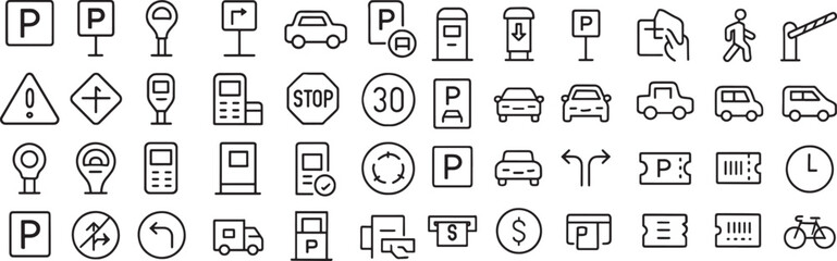 Collection of Road and Parking Related Icons Representing Transportation Rules and Regulations for Safe Urban Navigation and Management