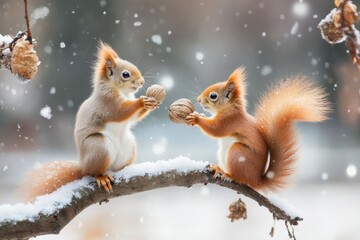 Cute red squirrels enjoy nuts together on a snowy tree branch during winter, Cute red squirrel on a tree eating nut, animals and nature