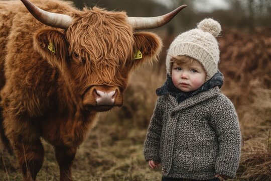 Highland cattle and a child in the Scottish countryside during a cool afternoon, Wide Shot of Highland Cattle of Scotland - Powered by Adobe