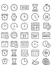 Collection of Time Related Icons Representing Various Aspects of Time Management and Scheduling, Depicting Clocks, Calendars, and Deadlines