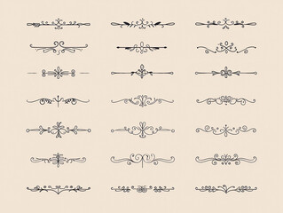 A collection of vintage decorative line art elements and dividers on a beige background