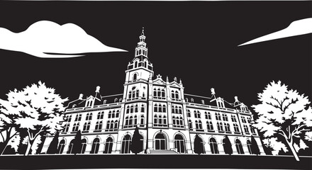 Obraz premium Drawing of a historic building with classical architecture, isolated on a white background. Classical architecture vector.