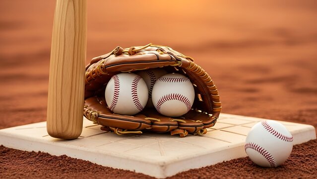 Baseball Glove with Ball and Bat on Pitcher’s Mound – Classic Sports Equipment