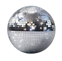 Shiny reflective disco ball illuminating bright light against a transparent background