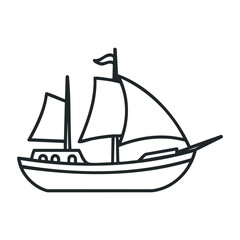 Simple line drawing of a sailing ship with two sails. Vector illustration