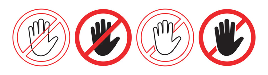 Red STOP sign icon set. No Sign and Stop Sign Icon Set. Sign with hand and stop sign. Warning sign, prohibition, road sign - stock vector.