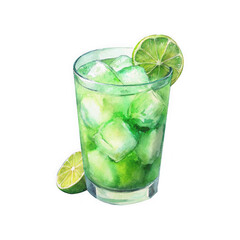 Watercolor Refreshing green cocktail with lime and ice cubes in a glass isolated on transparent background