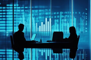 Colleagues discussing financial data processing in a modern office environment during the evening, financial data processing over diverse colleagues working in office