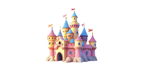 Colorful Fantasy Castle Illustration With Turrets And Flags. Whimsical Architecture For Fairy Tale Themes Isolated On Transparent Background