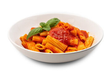 Macaroni rigatoni pasta with tomato sauce and green basil leaves on a white plate isolated on white with clipping path included
