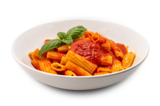 Macaroni rigatoni pasta with tomato sauce and green basil leaves on a white plate isolated on white with clipping path included