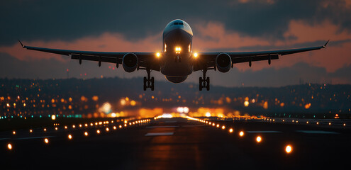A commercial airplane taking off from an airport runway at sunset, the tarmac and the city in the background. The plane is seen against a dramatic sky with clouds, 