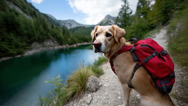 Curious dog with backpack explores serene mountain lake on hiking adventure