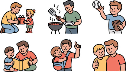 Father and Child Bonding Activities Present, Grilling, Playing Ball, Reading, Hugging, and Thumbs Up