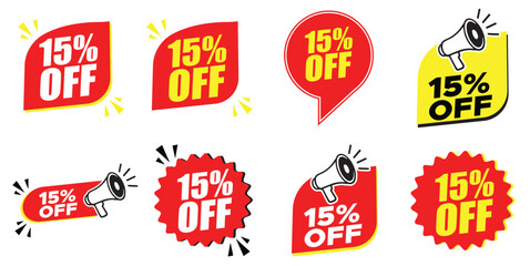 15% Off Red Badges – 15% Discount Sticker for Sales, Offers, and Promotions