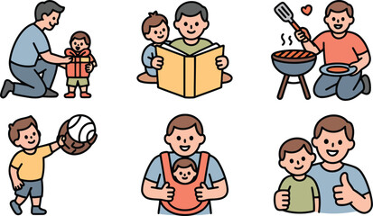 Father and Child Bonding Moments Present, Reading, Grilling, Playing, Carrying, and Thumbs Up