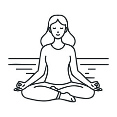 Young asian female practicing meditation in lotus pose line drawing. Vector illustration