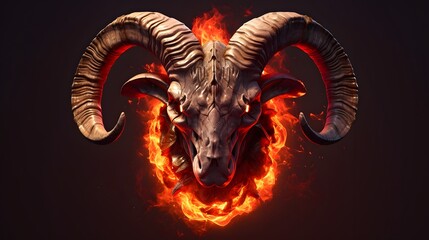 Ram skull with fire background, horned animal skull, fantasy art, dark art