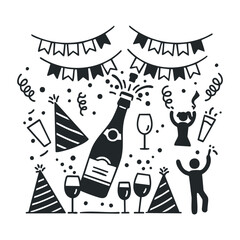 Celebration with champagne bottle, glasses, party hats, and festive decorations. Vector illustration