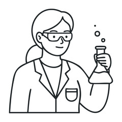 Female scientist holding flask in laboratory coat line art. Vector illustration