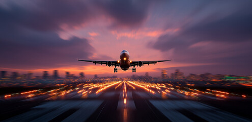A commercial airplane taking off from an airport runway at sunset, the tarmac and the city in the background. The plane is seen against a dramatic sky with clouds, 